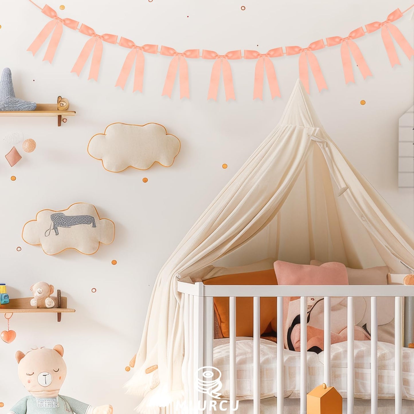 Peach Bow Garland Banner 1 String 9 PCS, Pre-Strung Satin Ribbon Bow Ornaments for Birthday, Baby Shower, Bridal Shower, Wedding, Bachelorette Party, Engagement, Anniversary, Graduation Decor