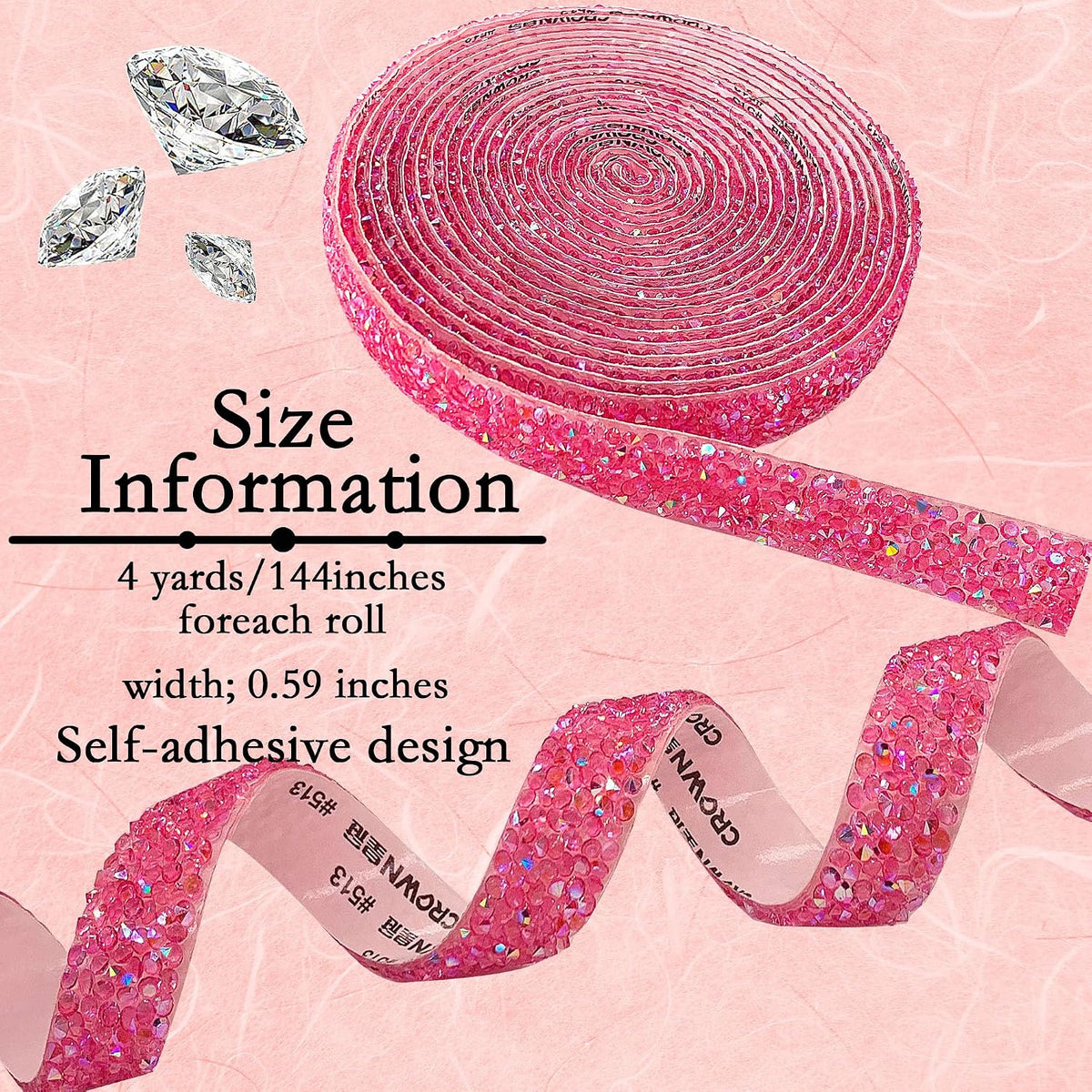 Self Adhesive Pink Resin Rhinestone Strips Rhinestones Ribbon，4 Yards Bling Crystal Ribbons Diamond Sticker Applicable to Wedding Birthday Christmas Party DIY Crafts (Pink AB)