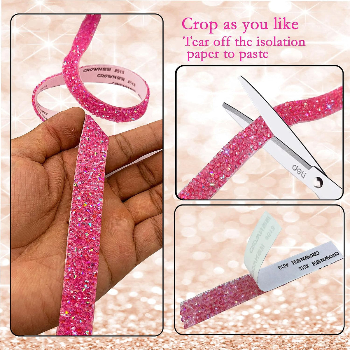 Self Adhesive Pink Resin Rhinestone Strips Rhinestones Ribbon，4 Yards Bling Crystal Ribbons Diamond Sticker Applicable to Wedding Birthday Christmas Party DIY Crafts (Pink AB)