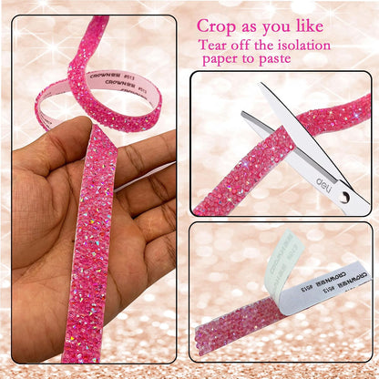 Self Adhesive Pink Resin Rhinestone Strips Rhinestones Ribbon，4 Yards Bling Crystal Ribbons Diamond Sticker Applicable to Wedding Birthday Christmas Party DIY Crafts (Pink AB)