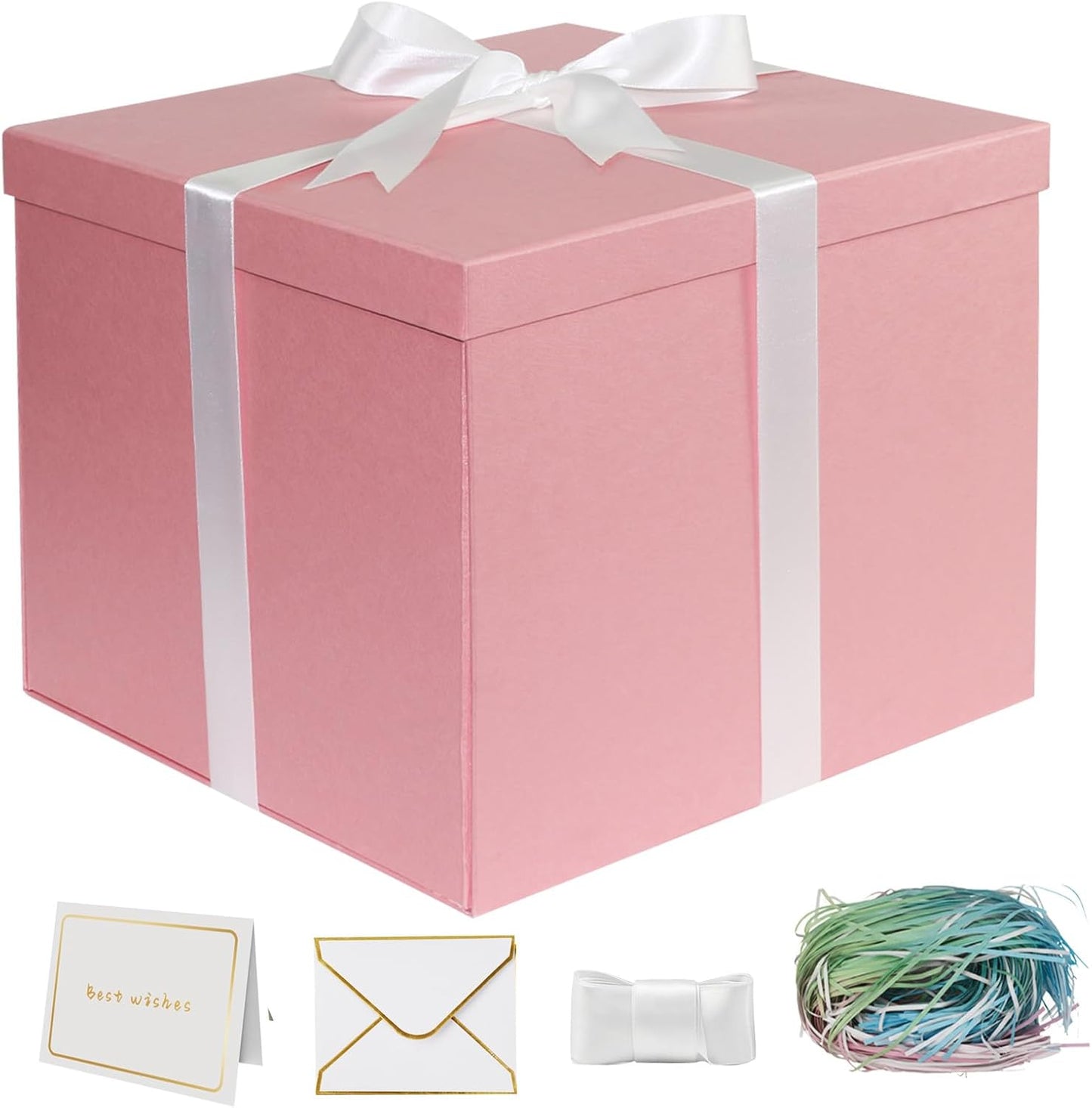 Large Gift Box 12x12x10 Inches,Pink Gift Boxes for Presents with Lids,Card,Ribbon,Shredded Paper for Birthday,Valentine's Day,Mother's Day,Anniversaries.