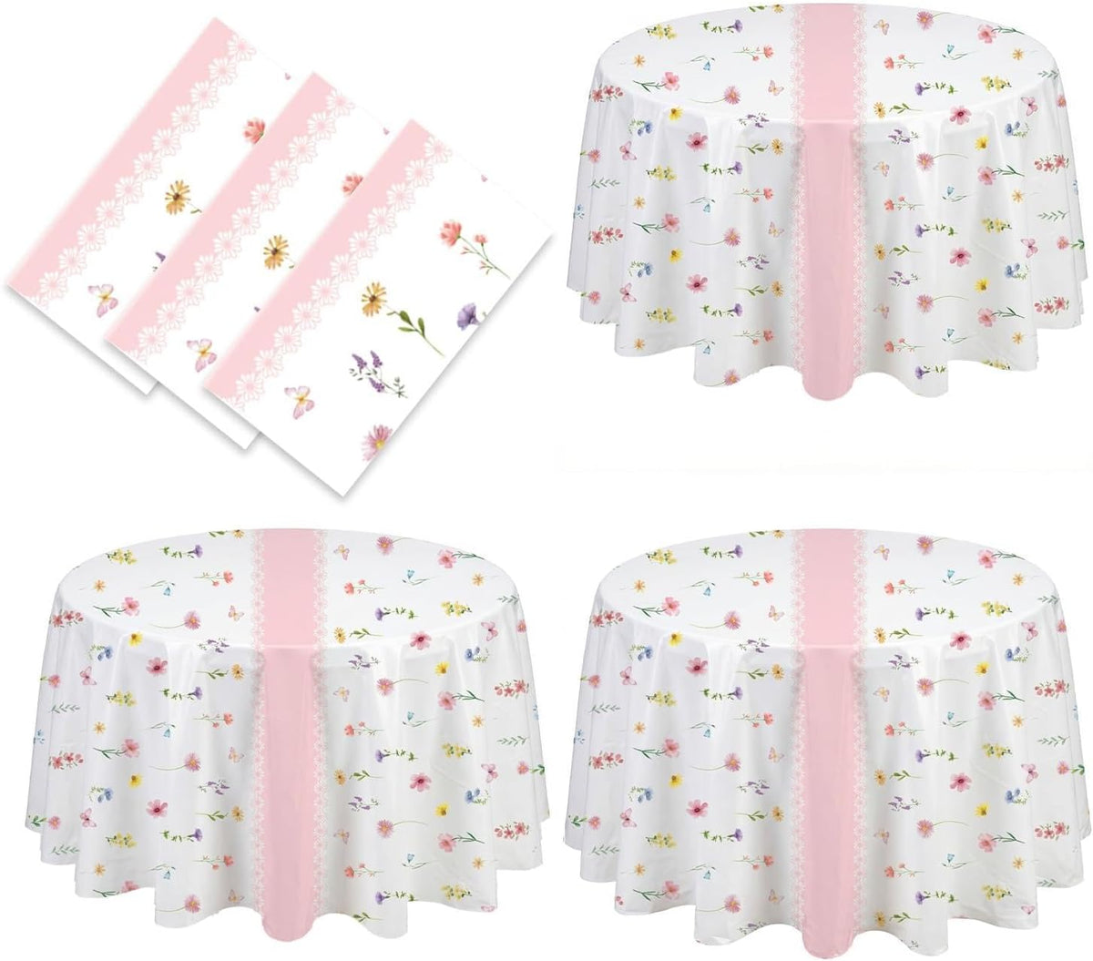 3-Piece 84 x 84 Inch Spring Floral Plastic Tablecloth – Round Disposable Flower Table Covers with Pink Stripe and Wildflower Designs for Spring Parties, Easter, Bridal Showers Celebrations