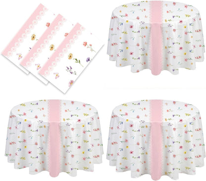 3-Piece 84 x 84 Inch Spring Floral Plastic Tablecloth – Round Disposable Flower Table Covers with Pink Stripe and Wildflower Designs for Spring Parties, Easter, Bridal Showers Celebrations