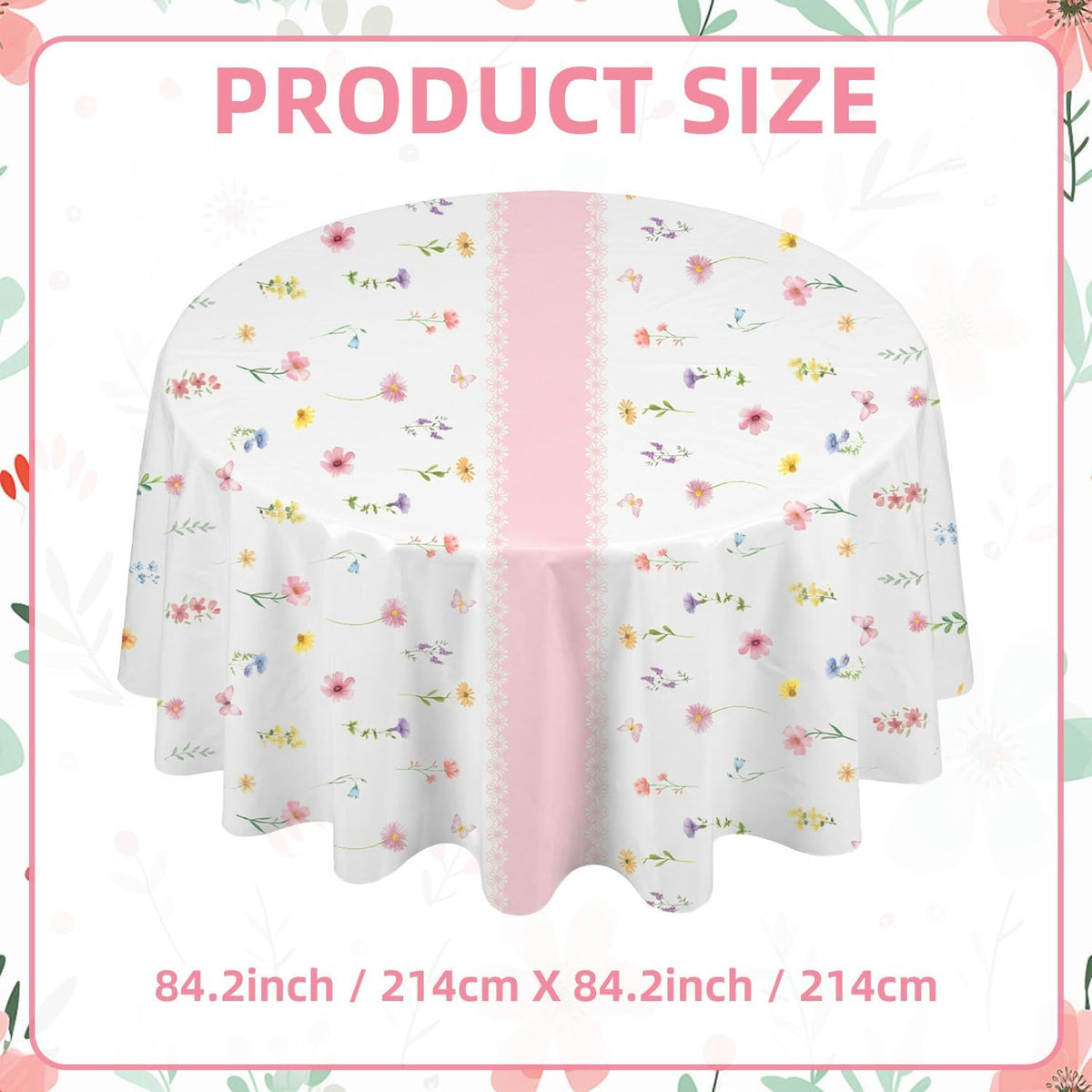 3-Piece 84 x 84 Inch Spring Floral Plastic Tablecloth – Round Disposable Flower Table Covers with Pink Stripe and Wildflower Designs for Spring Parties, Easter, Bridal Showers Celebrations