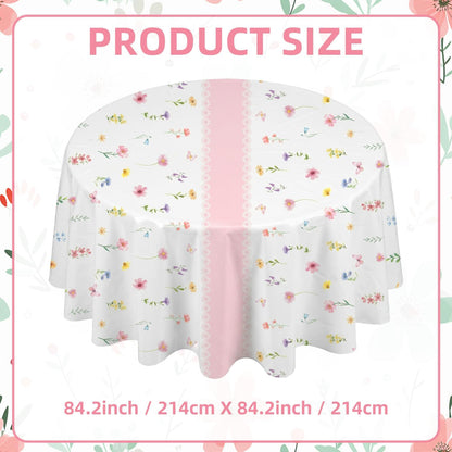 3-Piece 84 x 84 Inch Spring Floral Plastic Tablecloth – Round Disposable Flower Table Covers with Pink Stripe and Wildflower Designs for Spring Parties, Easter, Bridal Showers Celebrations