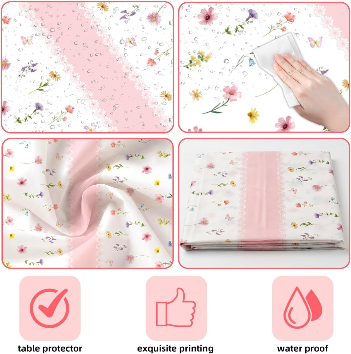 3-Piece 84 x 84 Inch Spring Floral Plastic Tablecloth – Round Disposable Flower Table Covers with Pink Stripe and Wildflower Designs for Spring Parties, Easter, Bridal Showers Celebrations