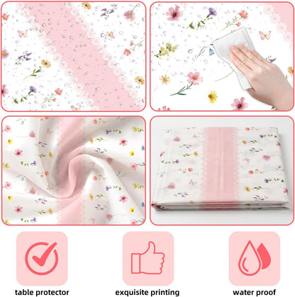 3-Piece 84 x 84 Inch Spring Floral Plastic Tablecloth – Round Disposable Flower Table Covers with Pink Stripe and Wildflower Designs for Spring Parties, Easter, Bridal Showers Celebrations