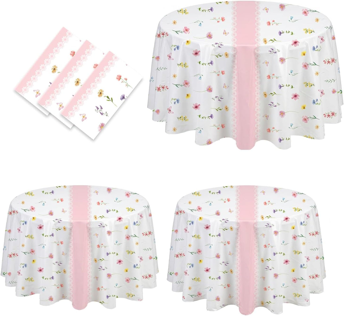 3-Piece 84 x 84 Inch Spring Floral Plastic Tablecloth – Round Disposable Flower Table Covers with Pink Stripe and Wildflower Designs for Spring Parties, Easter, Bridal Showers Celebrations