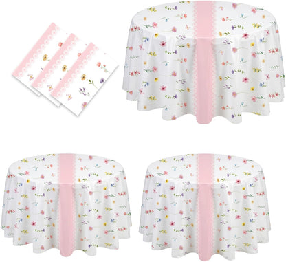 3-Piece 84 x 84 Inch Spring Floral Plastic Tablecloth – Round Disposable Flower Table Covers with Pink Stripe and Wildflower Designs for Spring Parties, Easter, Bridal Showers Celebrations