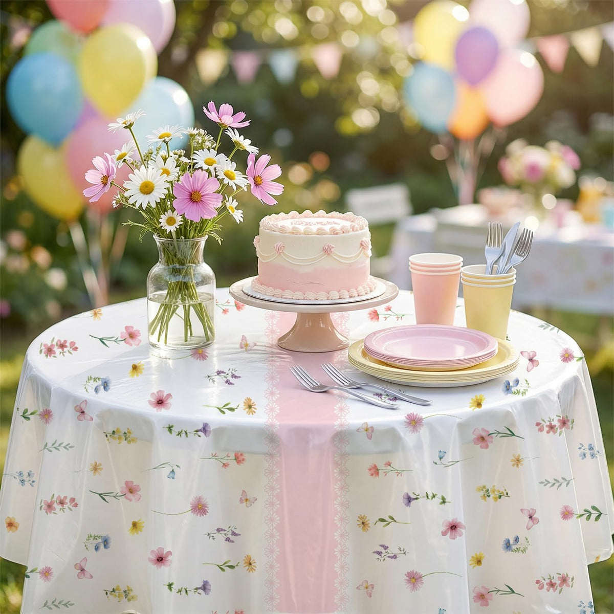 3-Piece 84 x 84 Inch Spring Floral Plastic Tablecloth – Round Disposable Flower Table Covers with Pink Stripe and Wildflower Designs for Spring Parties, Easter, Bridal Showers Celebrations