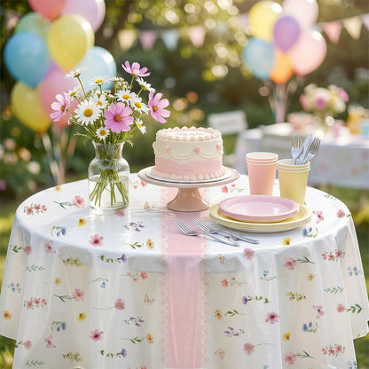 3-Piece 84 x 84 Inch Spring Floral Plastic Tablecloth – Round Disposable Flower Table Covers with Pink Stripe and Wildflower Designs for Spring Parties, Easter, Bridal Showers Celebrations