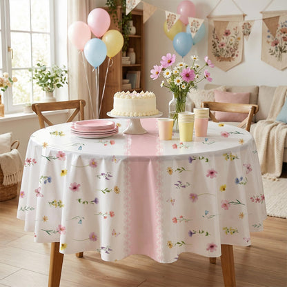 3-Piece 84 x 84 Inch Spring Floral Plastic Tablecloth – Round Disposable Flower Table Covers with Pink Stripe and Wildflower Designs for Spring Parties, Easter, Bridal Showers Celebrations