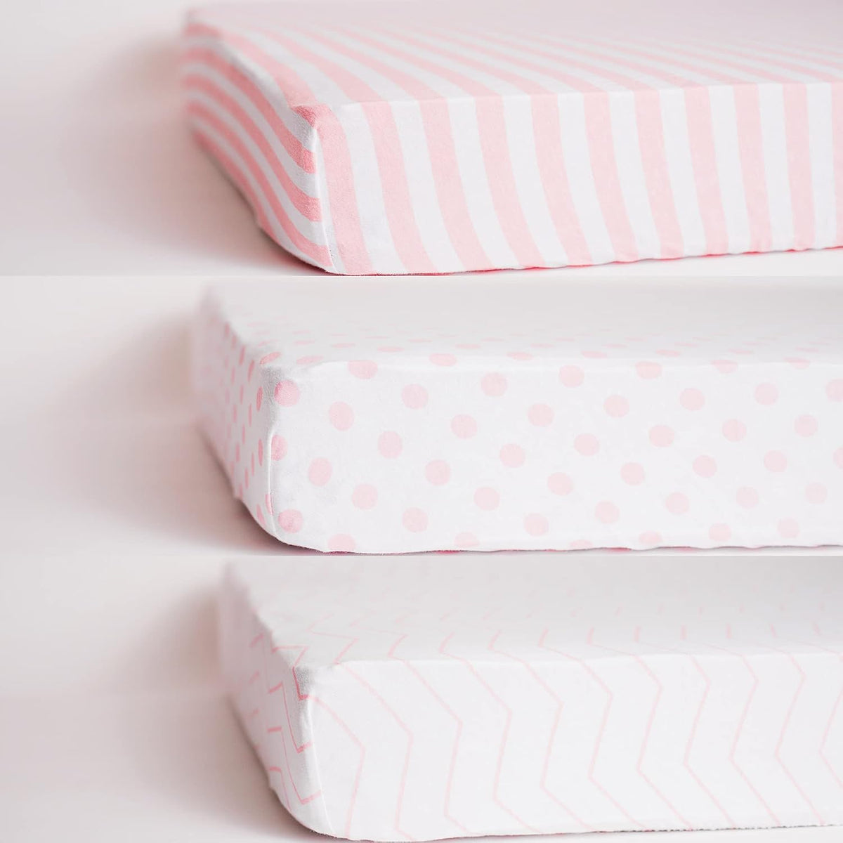 . 3 Fitted Crib Sheets Pink Set for Baby Girl - 100% Oeko-TEX Cotton Nursery Bedding - Pink/White Chevron, Polka Dot, and Stripe - for Standard Baby or Toddler Crib Mattress 28”x52”x9” Sheet