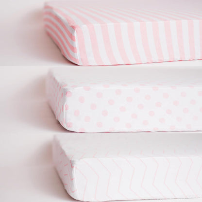 . 3 Fitted Crib Sheets Pink Set for Baby Girl - 100% Oeko-TEX Cotton Nursery Bedding - Pink/White Chevron, Polka Dot, and Stripe - for Standard Baby or Toddler Crib Mattress 28”x52”x9” Sheet