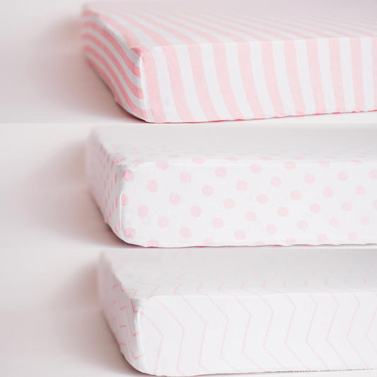 . 3 Fitted Crib Sheets Pink Set for Baby Girl - 100% Oeko-TEX Cotton Nursery Bedding - Pink/White Chevron, Polka Dot, and Stripe - for Standard Baby or Toddler Crib Mattress 28”x52”x9” Sheet