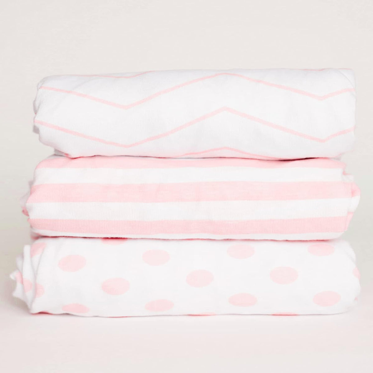 . 3 Fitted Crib Sheets Pink Set for Baby Girl - 100% Oeko-TEX Cotton Nursery Bedding - Pink/White Chevron, Polka Dot, and Stripe - for Standard Baby or Toddler Crib Mattress 28”x52”x9” Sheet