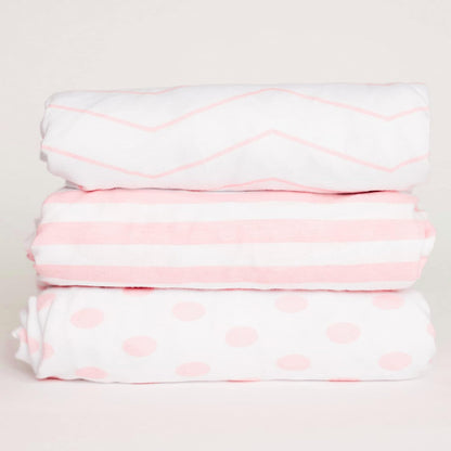 . 3 Fitted Crib Sheets Pink Set for Baby Girl - 100% Oeko-TEX Cotton Nursery Bedding - Pink/White Chevron, Polka Dot, and Stripe - for Standard Baby or Toddler Crib Mattress 28”x52”x9” Sheet