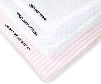 . 3 Fitted Crib Sheets Pink Set for Baby Girl - 100% Oeko-TEX Cotton Nursery Bedding - Pink/White Chevron, Polka Dot, and Stripe - for Standard Baby or Toddler Crib Mattress 28”x52”x9” Sheet