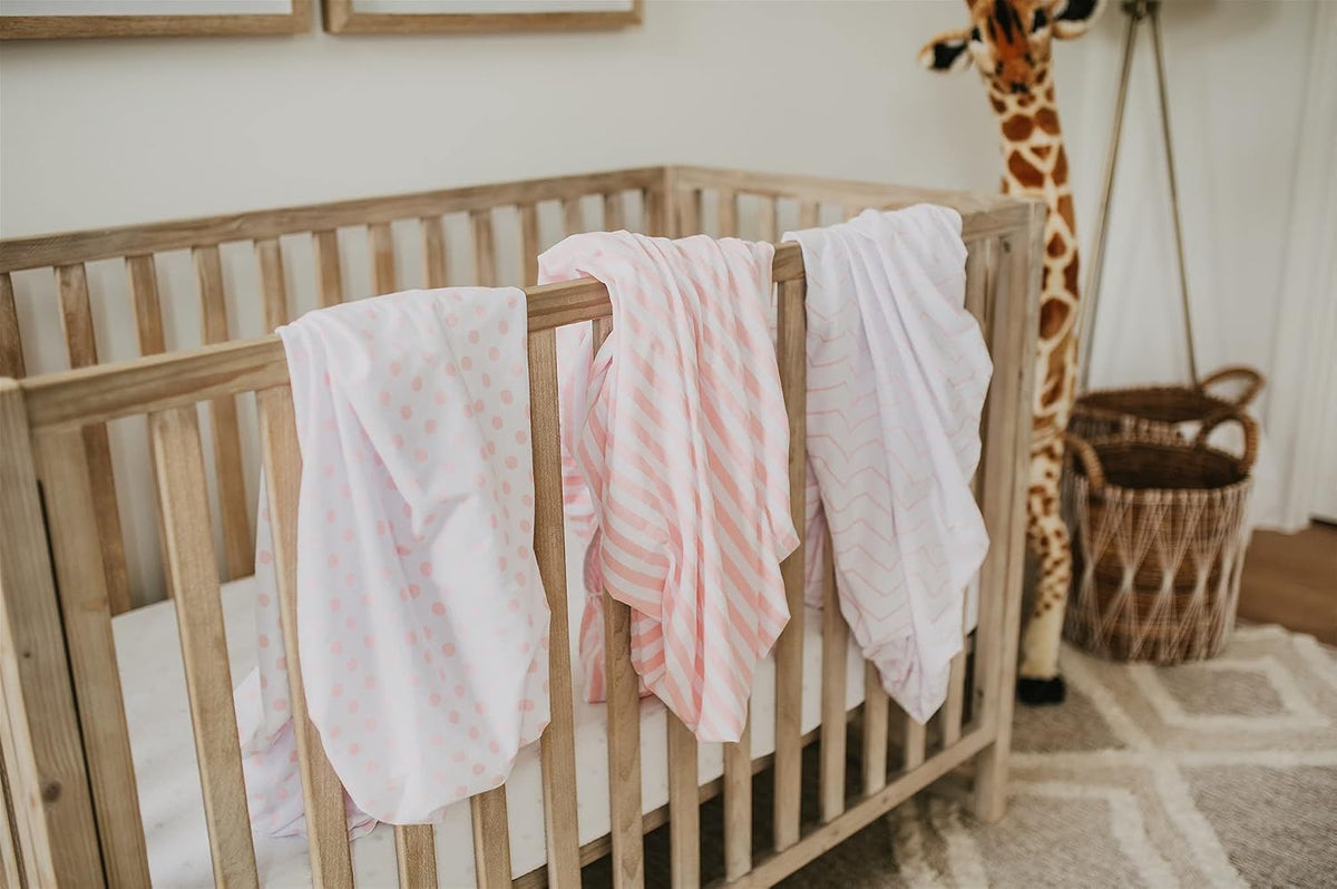 . 3 Fitted Crib Sheets Pink Set for Baby Girl - 100% Oeko-TEX Cotton Nursery Bedding - Pink/White Chevron, Polka Dot, and Stripe - for Standard Baby or Toddler Crib Mattress 28”x52”x9” Sheet