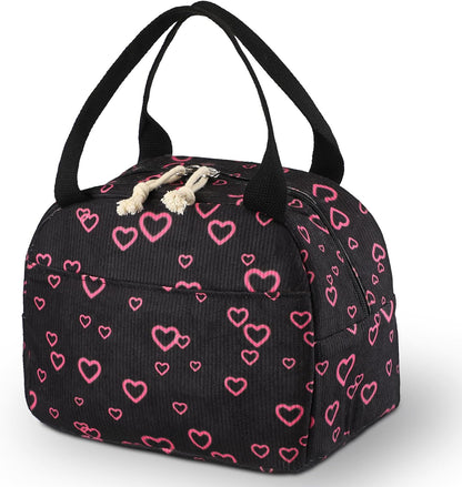 Black and Pink Heart Lunch Bag Cute Corduroy Insulated Heart Lunch Box for Women Coquette Tote Bag Reusable Large Capacity Cooler Containers Preppy Stuff Gifts for Picnics Travel Outdoor