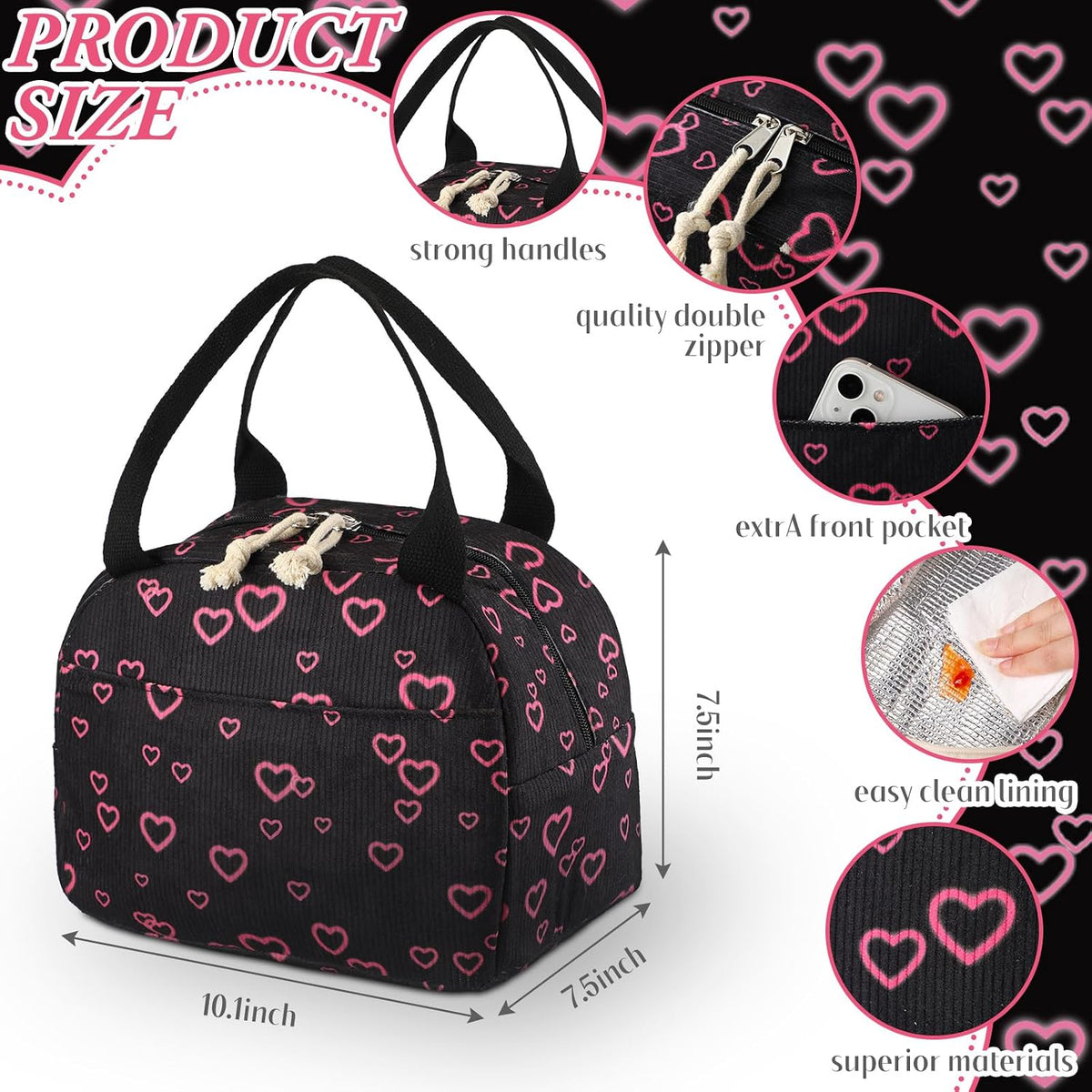 Black and Pink Heart Lunch Bag Cute Corduroy Insulated Heart Lunch Box for Women Coquette Tote Bag Reusable Large Capacity Cooler Containers Preppy Stuff Gifts for Picnics Travel Outdoor