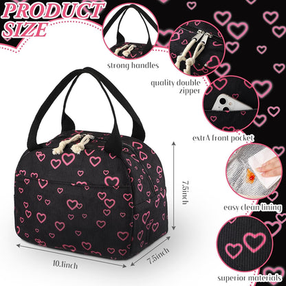 Black and Pink Heart Lunch Bag Cute Corduroy Insulated Heart Lunch Box for Women Coquette Tote Bag Reusable Large Capacity Cooler Containers Preppy Stuff Gifts for Picnics Travel Outdoor