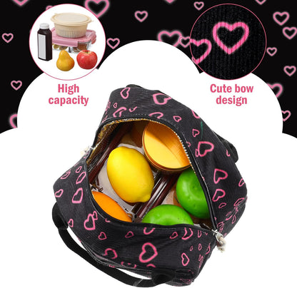 Black and Pink Heart Lunch Bag Cute Corduroy Insulated Heart Lunch Box for Women Coquette Tote Bag Reusable Large Capacity Cooler Containers Preppy Stuff Gifts for Picnics Travel Outdoor