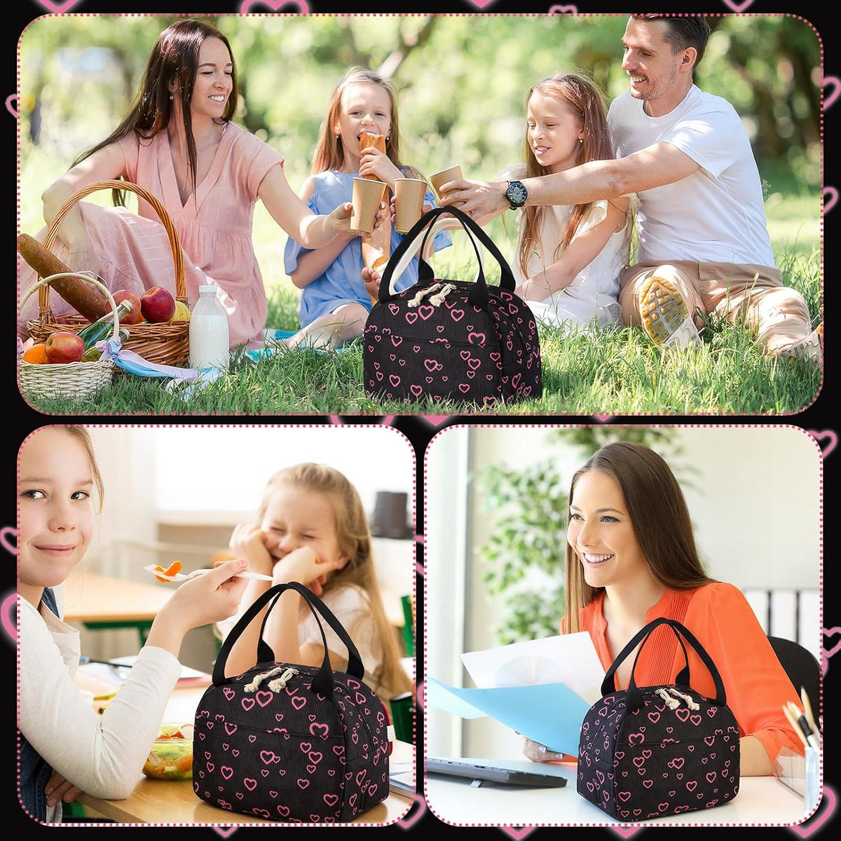 Black and Pink Heart Lunch Bag Cute Corduroy Insulated Heart Lunch Box for Women Coquette Tote Bag Reusable Large Capacity Cooler Containers Preppy Stuff Gifts for Picnics Travel Outdoor