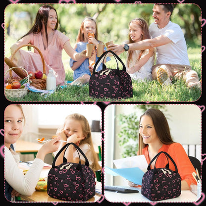 Black and Pink Heart Lunch Bag Cute Corduroy Insulated Heart Lunch Box for Women Coquette Tote Bag Reusable Large Capacity Cooler Containers Preppy Stuff Gifts for Picnics Travel Outdoor