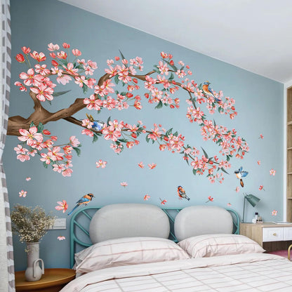 2Sheets Removable Pink Flower Tree Branch Wall Decals DIY Cherry Blossom Tree Branch Wall Decals Vinyl Birds Wall Sticker Petals Falling Home Decor for Girls Bedroom Living Room Bathroom Decor
