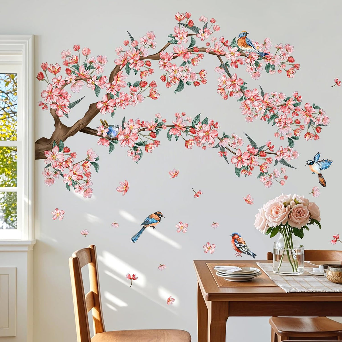 2Sheets Removable Pink Flower Tree Branch Wall Decals DIY Cherry Blossom Tree Branch Wall Decals Vinyl Birds Wall Sticker Petals Falling Home Decor for Girls Bedroom Living Room Bathroom Decor