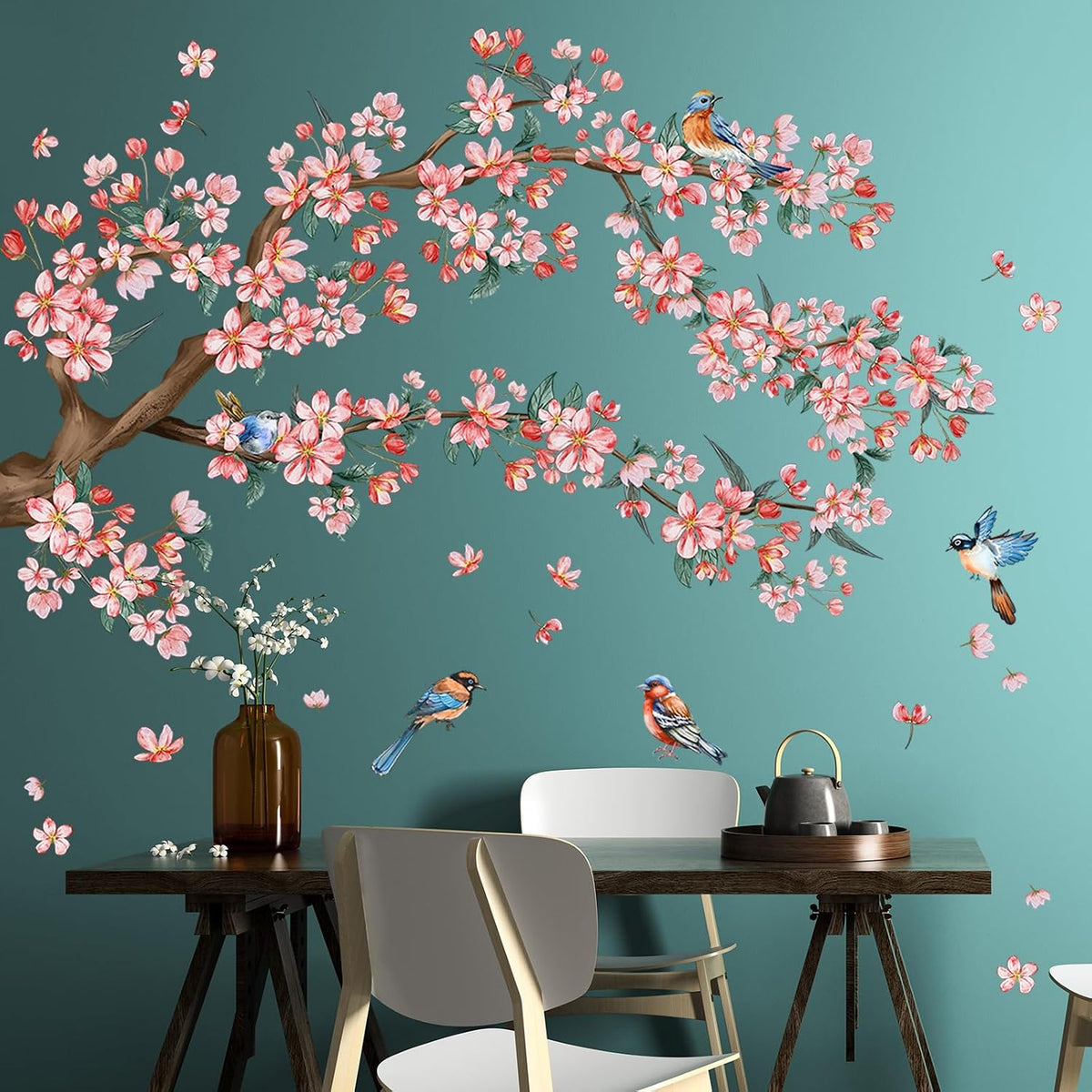 2Sheets Removable Pink Flower Tree Branch Wall Decals DIY Cherry Blossom Tree Branch Wall Decals Vinyl Birds Wall Sticker Petals Falling Home Decor for Girls Bedroom Living Room Bathroom Decor
