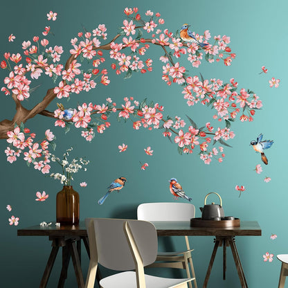 2Sheets Removable Pink Flower Tree Branch Wall Decals DIY Cherry Blossom Tree Branch Wall Decals Vinyl Birds Wall Sticker Petals Falling Home Decor for Girls Bedroom Living Room Bathroom Decor