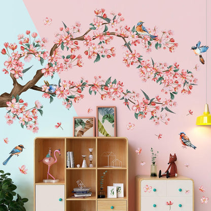 2Sheets Removable Pink Flower Tree Branch Wall Decals DIY Cherry Blossom Tree Branch Wall Decals Vinyl Birds Wall Sticker Petals Falling Home Decor for Girls Bedroom Living Room Bathroom Decor