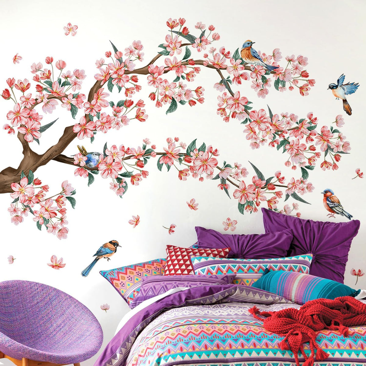 2Sheets Removable Pink Flower Tree Branch Wall Decals DIY Cherry Blossom Tree Branch Wall Decals Vinyl Birds Wall Sticker Petals Falling Home Decor for Girls Bedroom Living Room Bathroom Decor