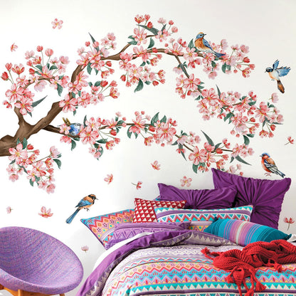 2Sheets Removable Pink Flower Tree Branch Wall Decals DIY Cherry Blossom Tree Branch Wall Decals Vinyl Birds Wall Sticker Petals Falling Home Decor for Girls Bedroom Living Room Bathroom Decor