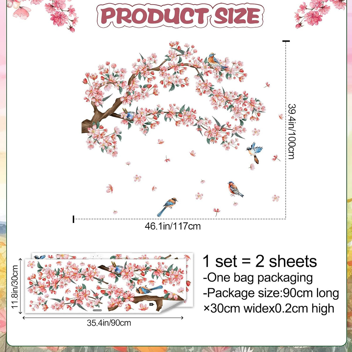 2Sheets Removable Pink Flower Tree Branch Wall Decals DIY Cherry Blossom Tree Branch Wall Decals Vinyl Birds Wall Sticker Petals Falling Home Decor for Girls Bedroom Living Room Bathroom Decor