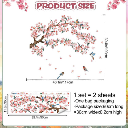 2Sheets Removable Pink Flower Tree Branch Wall Decals DIY Cherry Blossom Tree Branch Wall Decals Vinyl Birds Wall Sticker Petals Falling Home Decor for Girls Bedroom Living Room Bathroom Decor