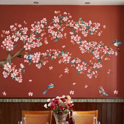 2Sheets Removable Pink Flower Tree Branch Wall Decals DIY Cherry Blossom Tree Branch Wall Decals Vinyl Birds Wall Sticker Petals Falling Home Decor for Girls Bedroom Living Room Bathroom Decor
