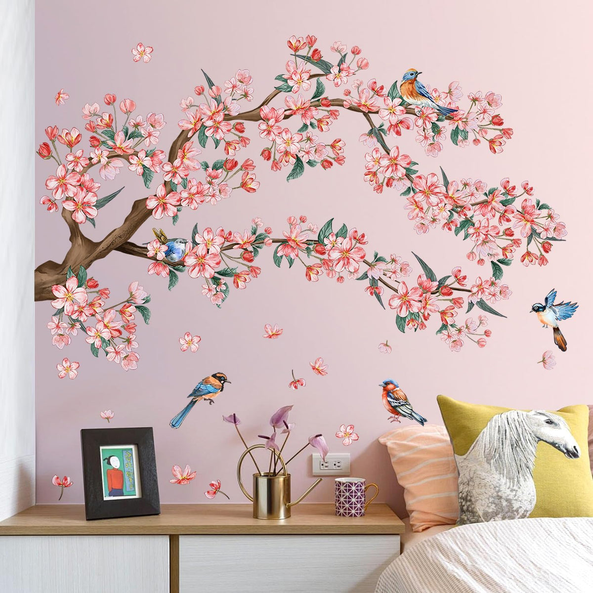 2Sheets Removable Pink Flower Tree Branch Wall Decals DIY Cherry Blossom Tree Branch Wall Decals Vinyl Birds Wall Sticker Petals Falling Home Decor for Girls Bedroom Living Room Bathroom Decor