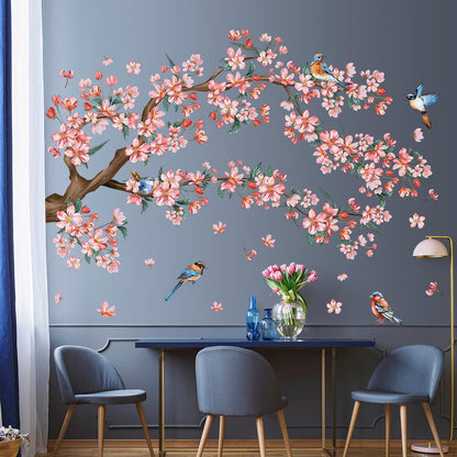 2Sheets Removable Pink Flower Tree Branch Wall Decals DIY Cherry Blossom Tree Branch Wall Decals Vinyl Birds Wall Sticker Petals Falling Home Decor for Girls Bedroom Living Room Bathroom Decor