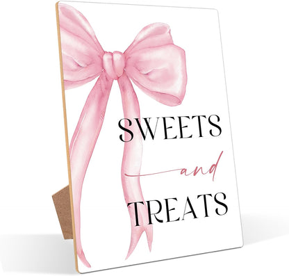 Pink Bow Themed Sweets and Treats Sign, Pink Bridal Shower Decorations, Wedding Signs for Reception, Bridal Shower Table Decor, Reception Tabletop decor for Engagement Bachelorette Party