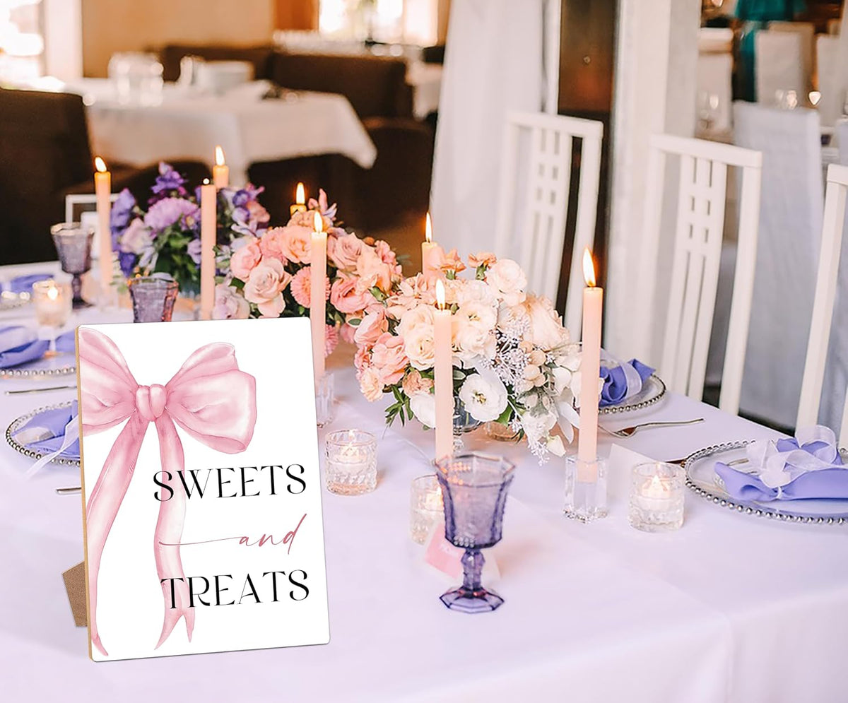 Pink Bow Themed Sweets and Treats Sign, Pink Bridal Shower Decorations, Wedding Signs for Reception, Bridal Shower Table Decor, Reception Tabletop decor for Engagement Bachelorette Party