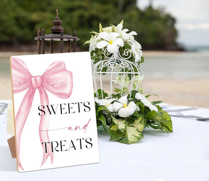 Pink Bow Themed Sweets and Treats Sign, Pink Bridal Shower Decorations, Wedding Signs for Reception, Bridal Shower Table Decor, Reception Tabletop decor for Engagement Bachelorette Party