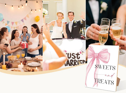 Pink Bow Themed Sweets and Treats Sign, Pink Bridal Shower Decorations, Wedding Signs for Reception, Bridal Shower Table Decor, Reception Tabletop decor for Engagement Bachelorette Party