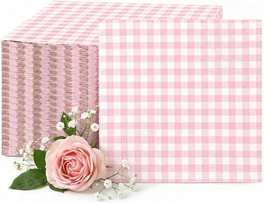 FLOWERCAT 100-Count 2-Ply Pink Gingham Cocktail Napkins Checkered - Pink Cocktail Napkins Disposable Premium Quality- 5“ x 5" Paper Napkins for Party,Bar,Birthday,Mother's Day