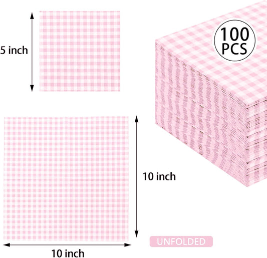 FLOWERCAT 100-Count 2-Ply Pink Gingham Cocktail Napkins Checkered - Pink Cocktail Napkins Disposable Premium Quality- 5“ x 5" Paper Napkins for Party,Bar,Birthday,Mother's Day