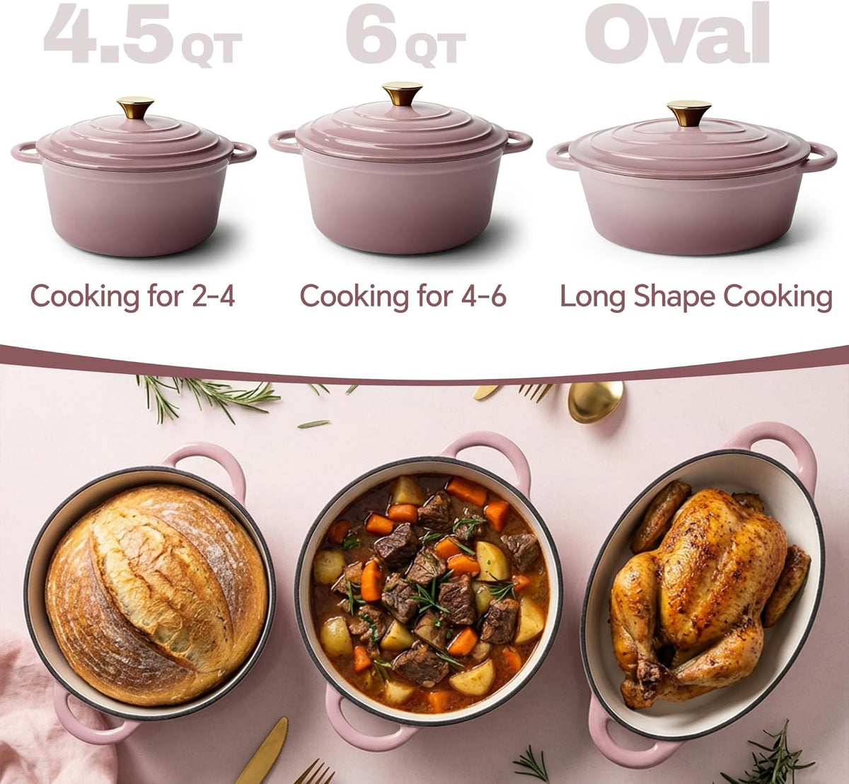 Vintage Style Oval Dutch Oven for Bread Baking, 4.5 Quart Non Stick Enameled Cast Iron Dutch Oven Pot with Lid, Oven Safe Oval Casserole with Lid up to 500°F for Baking, Braising, Stews, Roasting, Pink