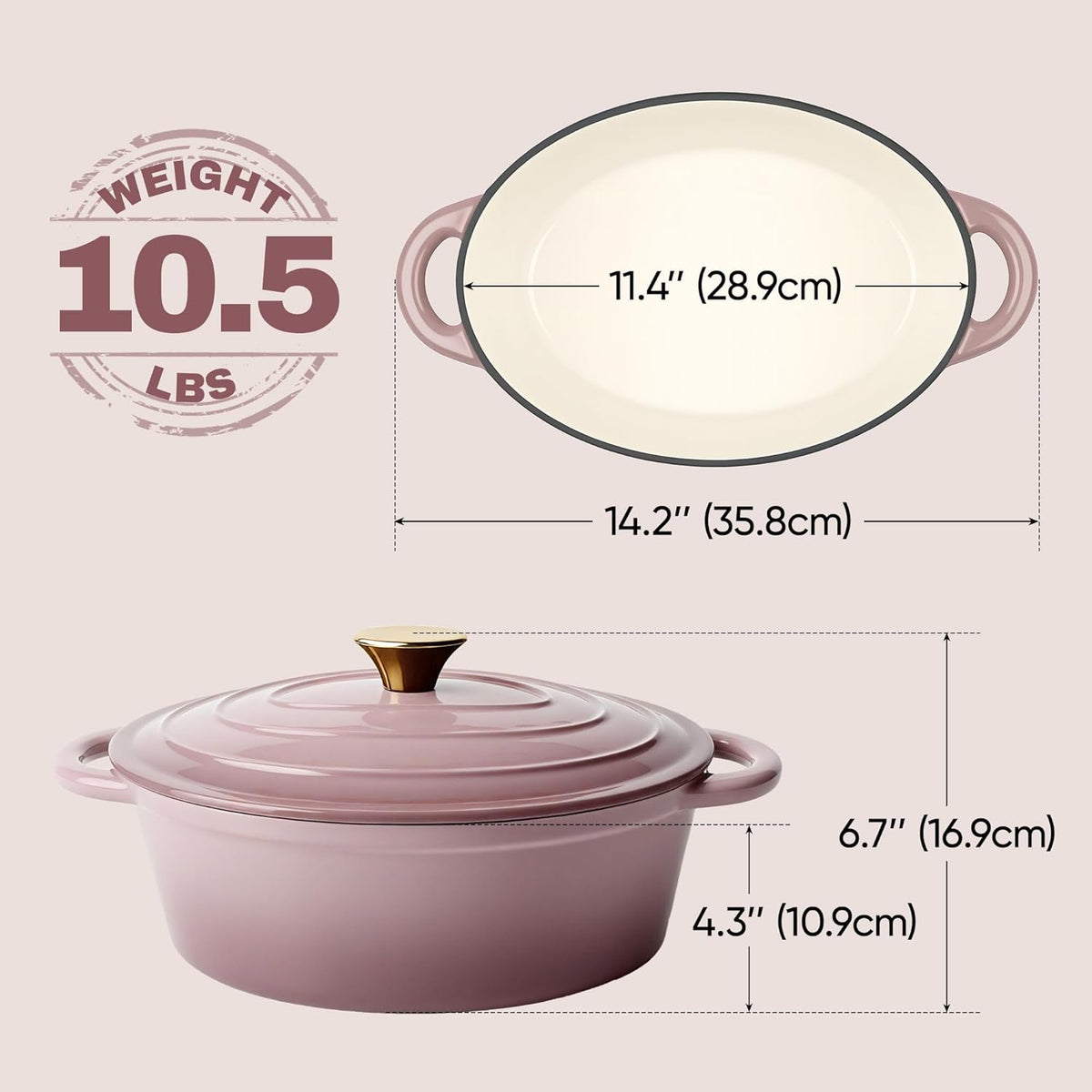 Vintage Style Oval Dutch Oven for Bread Baking, 4.5 Quart Non Stick Enameled Cast Iron Dutch Oven Pot with Lid, Oven Safe Oval Casserole with Lid up to 500°F for Baking, Braising, Stews, Roasting, Pink
