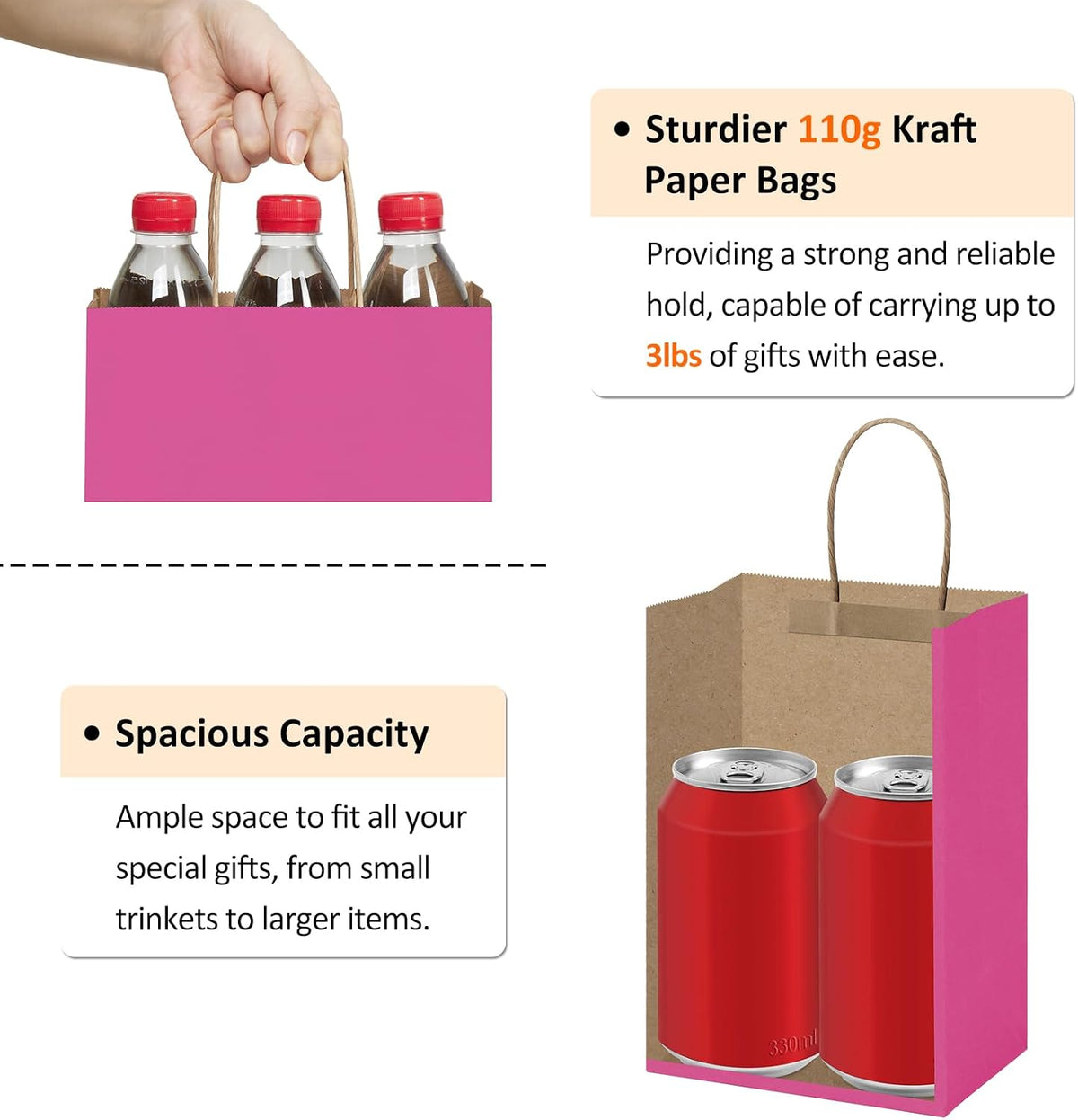 Small Gift Bags with Handles 5.25x3x8 Inch Pink 25 Pack
